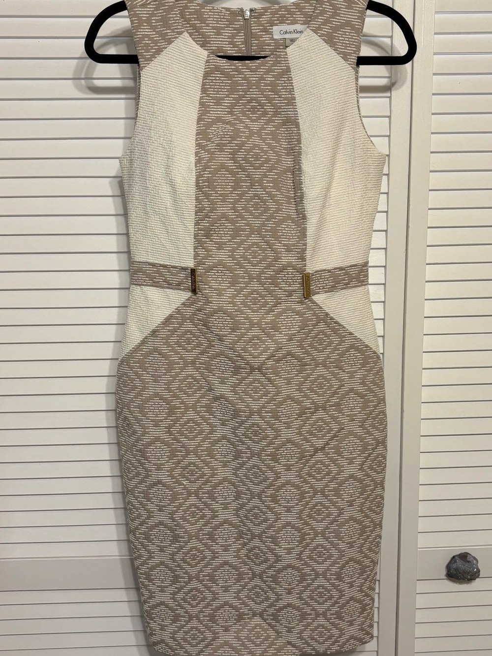 Calvin Klein Taupe and Cream Textured Sheath Dress